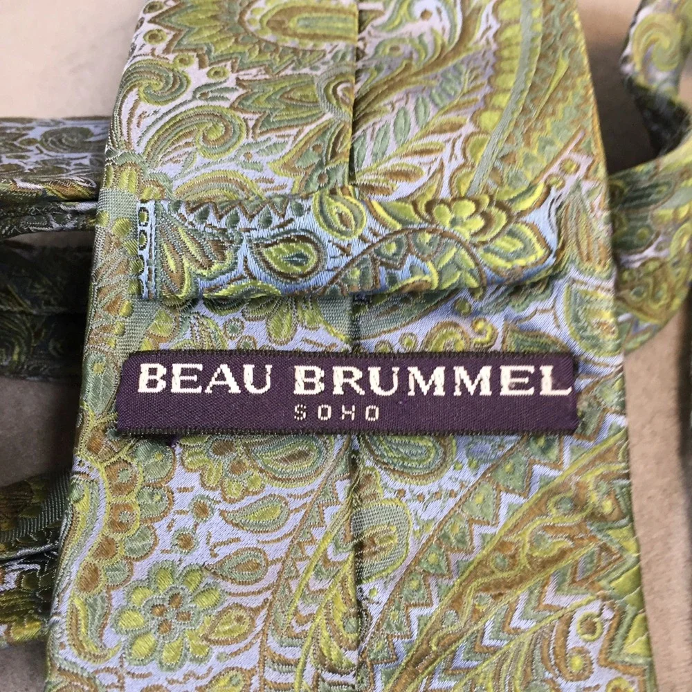 Beau Brummel Soho Mens Silk Tie Green Gold Blue Paisley Floral‎ Handmade Necktie